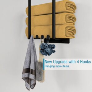 Bathroom Towel Storage Rack, Wall Towel Rack for Rolled Towels, 3 Tier Towel Holder Shelf with 4 Hooks for Small Bathroom, Matte Black