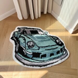 enthusiast green sports car shaped flocking rug irregular geometric carpet bed side anti slip floor pad doormat aesthetic home (31.5 x24 inch)