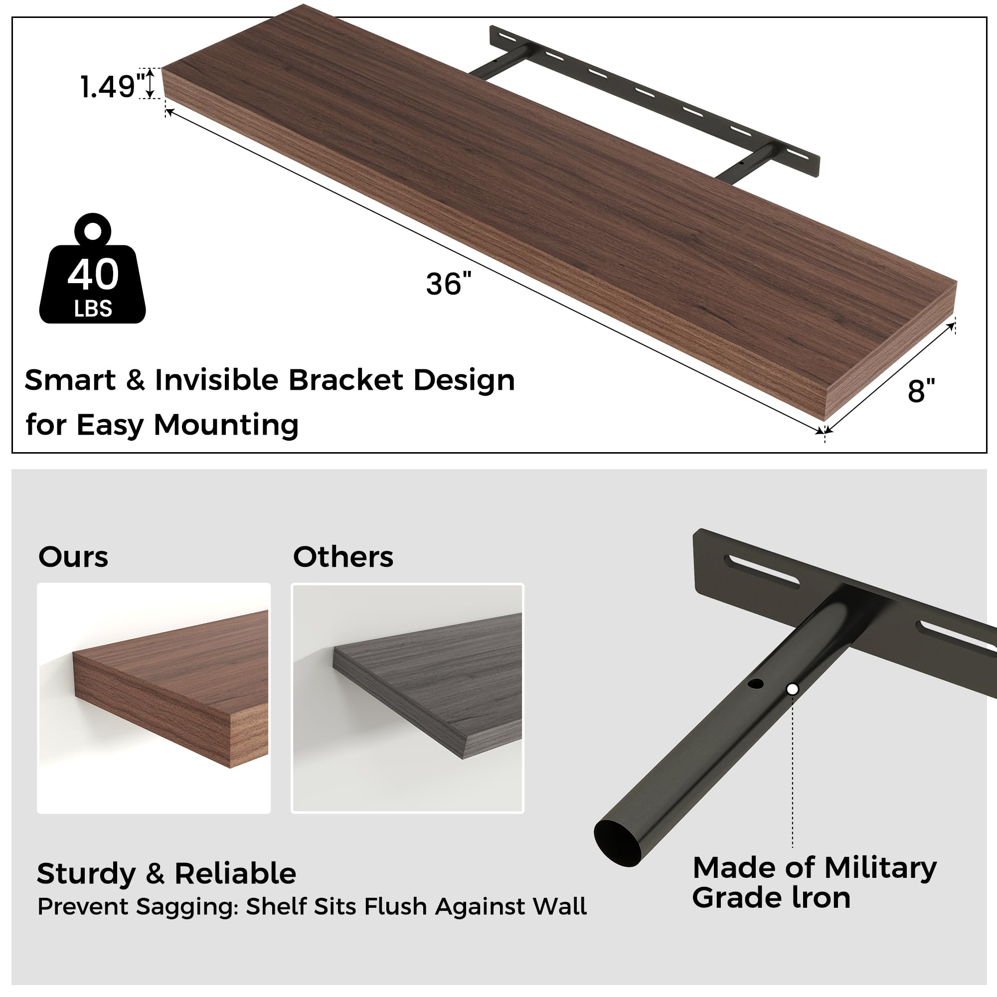 Floating Shelves for Wall, 2 Large Wall Mounted Shelves with Invisible Brackets, Long Wood Floating Wall Shelf Shelves for Living Room, Bedroom, Kitchen, Bathroom Decor (Walnut, 36" W x 8" D x 1.5" H)