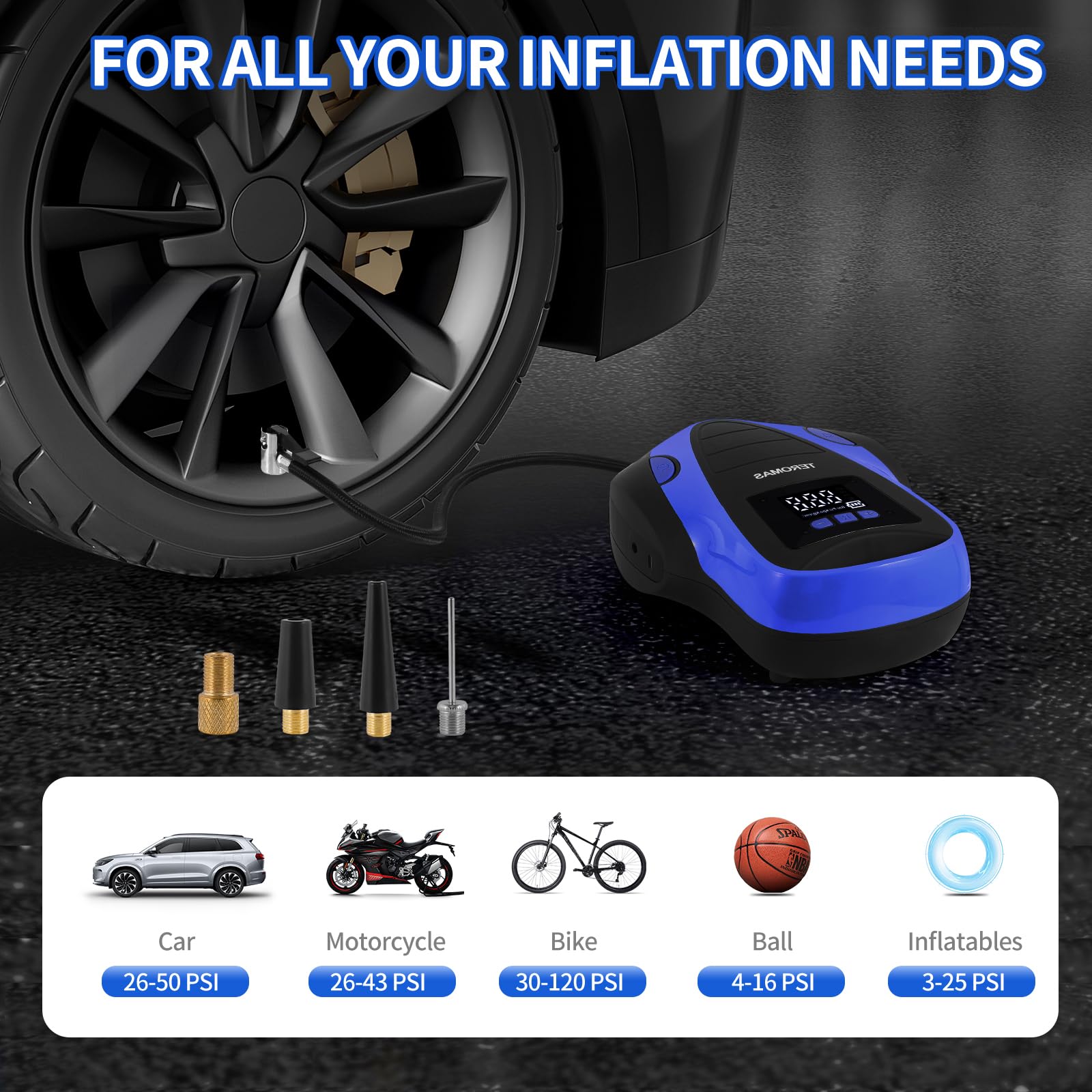 TEROMAS Tire Inflator Portable Air Compressor, Cordless Air Pump for Car Tires and Other Inflatables, Rechargeable Digital Electric Tire Pump with Pressure Gauge