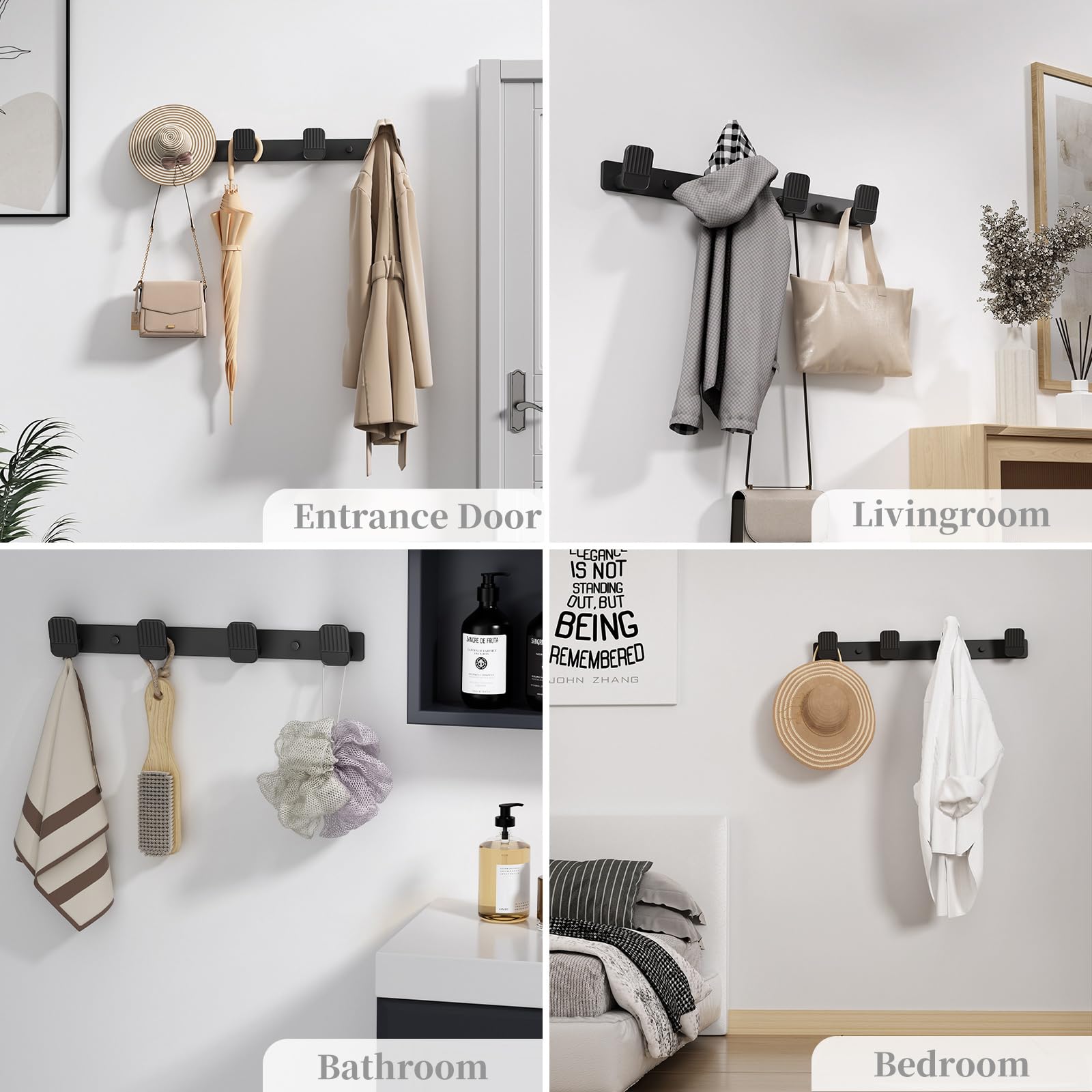 Coat Rack Wall Mount Coat Hooks - Black Hook Rack Wall Mount with 4 Hooks Aluminum Wall Rack Hooks for Hanging Coat Hat Bag Towel Hanger Rustproof Coat Holder