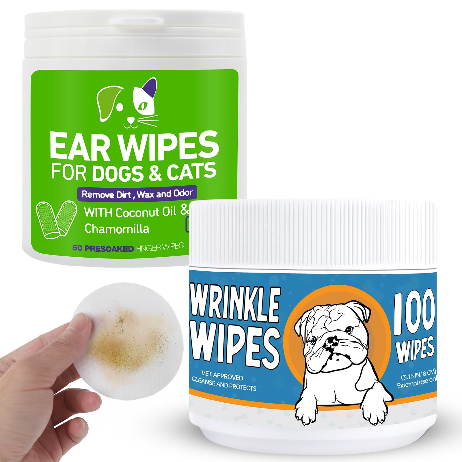 Bulldog Wrinkle Wipes, Cleaning & Soothing + Dog Ear Finger Wipes, Remove Debris, Wax and Odor