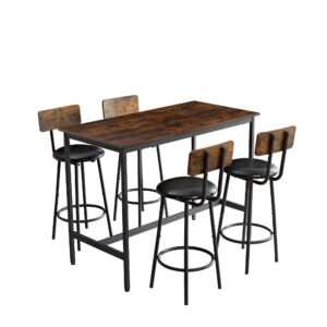 RuiSiSi Industrial Dining Bar Table Set with 4 Stools for Small Space, Metal Kitchen Dining Room Furniture Set with Back Rest Bar Chairs, Wood Tabletop and Upholstered Seat