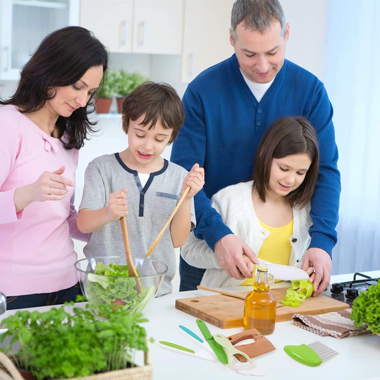 Leking 8 Pcs Wooden Kitchen Knife Set for Kids - Includes Safe Knives, Serrated Plastic Knives, Potato Slicers, Sandwich Cutter, Peeler and Cutting Board