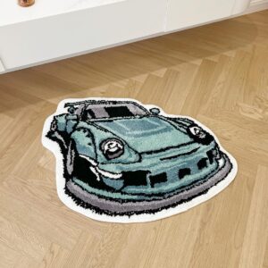 Enthusiast Green Sports Car Shaped Flocking Rug Irregular Geometric Carpet Bed Side Anti Slip Floor Pad Doormat Aesthetic Home (31.5 X24 Inch)