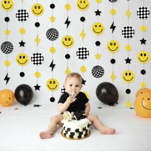 One Happy Dude Paper Garland for 1st Birthday Decorations Boy - Pre-Strung Smiley Face String Banner with Checkered, Perfect Hanging Streamer Backdrop Idea for Cool Dude Birthday Party (44Ft)