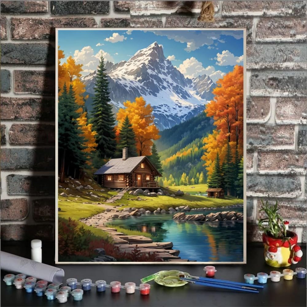 Mountain Paint By Numbers Kit For Adults Beginner Cabin Adult Paint By Number Kits On Canvas Mountain Oil Painting Kit For Beginners Adults' Paint-By-Number Kits For Gift Home Wall Decor 16x20 Inch