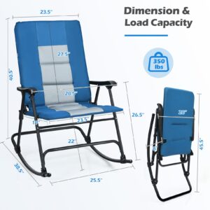 KOTEK Outdoor Rocking Chair, Folding Lawn Chair with Armrests & Padded High Backrest, Rocker Camping Chair for Patio Front Porch Backyard Garden Beach Travel, Supports 350 lbs (1, Blue)