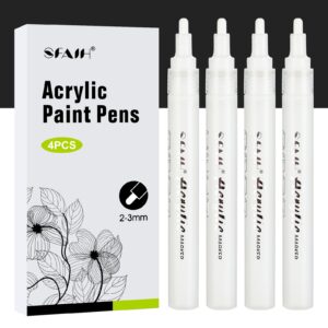 sfaih white paint markers paint pens - 4 pack 2-3mm medium tip acrylic markers for rock painting, wood, metal, fabric, plastic, canvas, glass, ceramic, diy crafts, drawing, tire