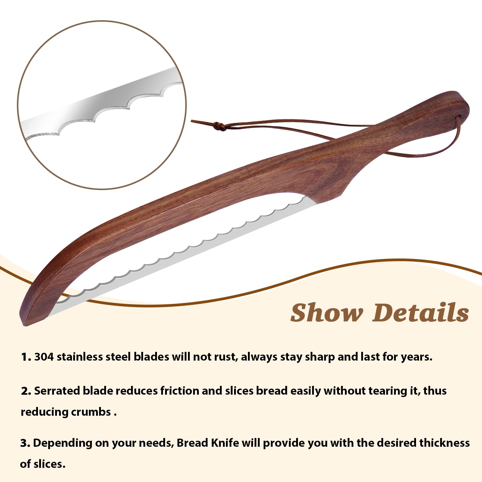 FUNFDWU bow bread knife, 16" Wooden Handle bread cutter with Leather Hanging Strap Serrated bread Saw knife for homemade bread sourdough, right handed bread bowl knife with Cover & Linen Storage Bag