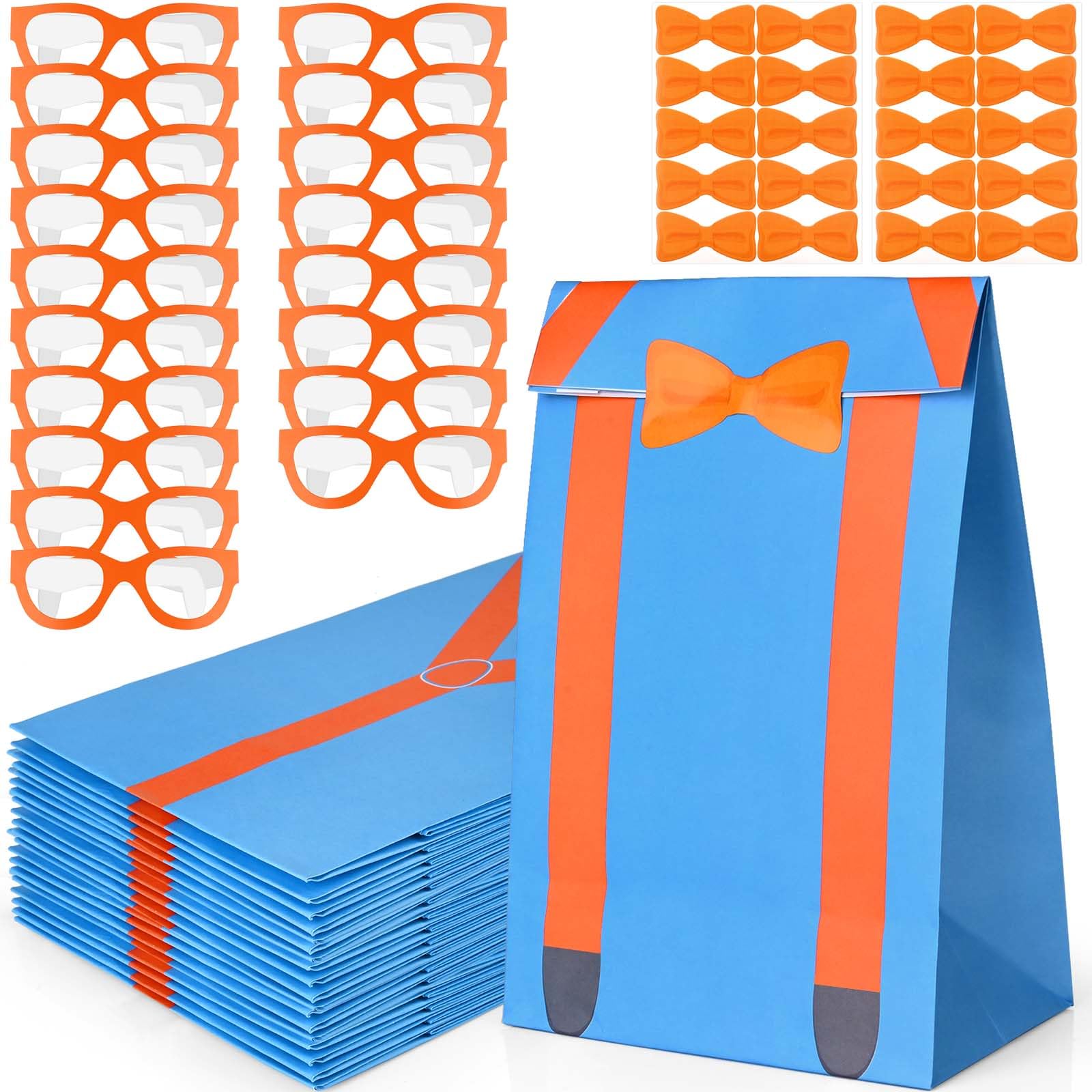 18Pcs Orange Blue DIY Gift Bags Goodies Candy Treat Bags with 18Pcs Orange Paper Glasses and Bow Tie Stickers Party Favors Bags for Birthday Baby Shower Fireman Construction Worker Party Supplies