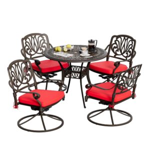 maibh outdoor 5 piece cast aluminum bistro set, patio table and swivel rocker chairs set of 4, metal patio furniture set with umbrella hole (35.4''dia x 29.5''h, lotus pattern b) (red)