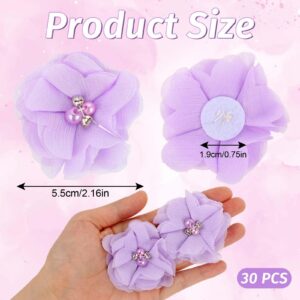 30 Pieces Fabric Flowers for Crafts, Purple Rhinestone Pearl Chiffon Applique Patches Lace Sewing Small Floral Applique for Clothing, Wedding Ornament, Graduation Headbands Flower, Party Decoration