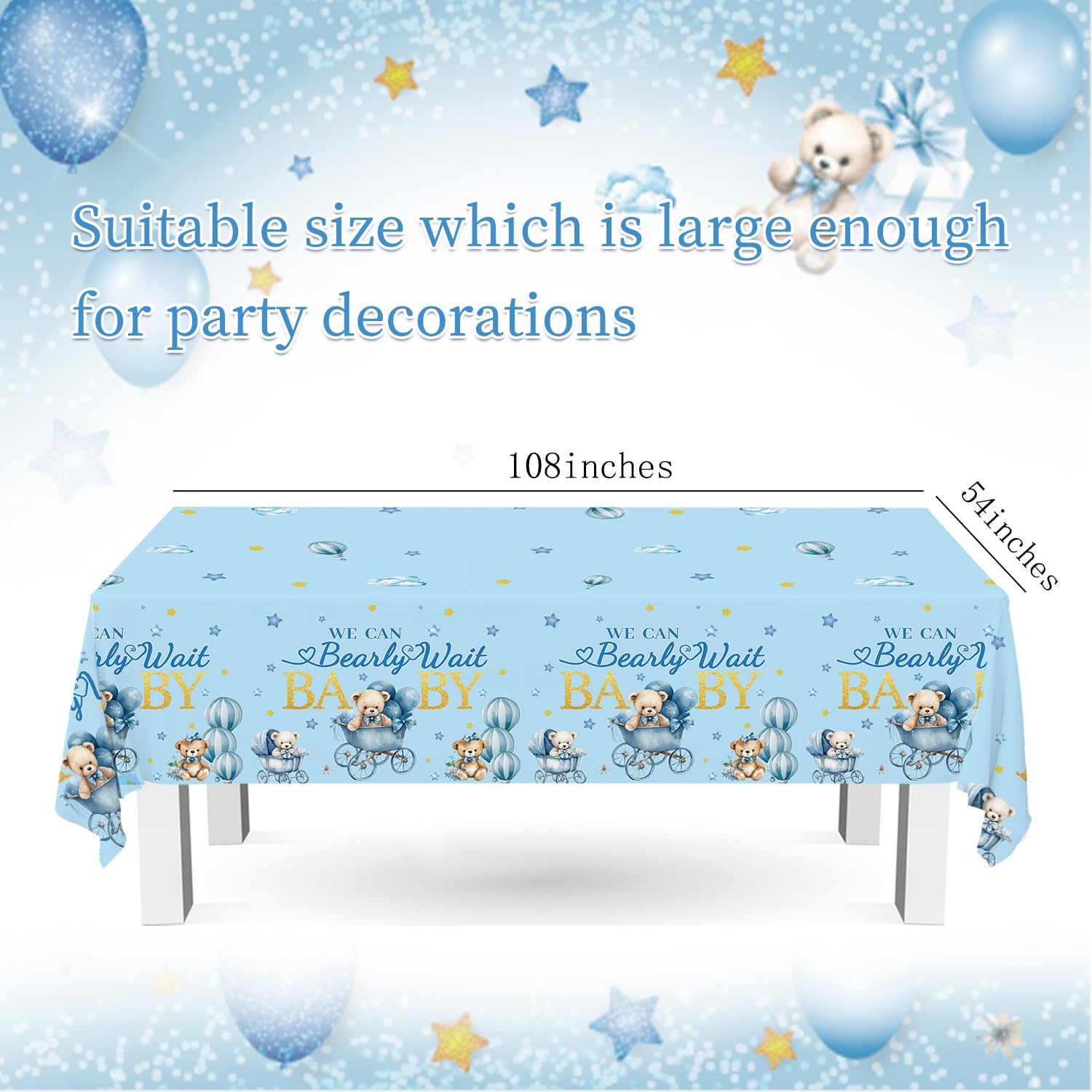 3pcs Bear Baby Shower Decorations Tablecloth Large Blue Teddy Bear We Can Bear Wait Baby Shower Decorations Table Cloth 108x54 Inches Disposable Waterproof Table Covers for Boy Baby Shower Party