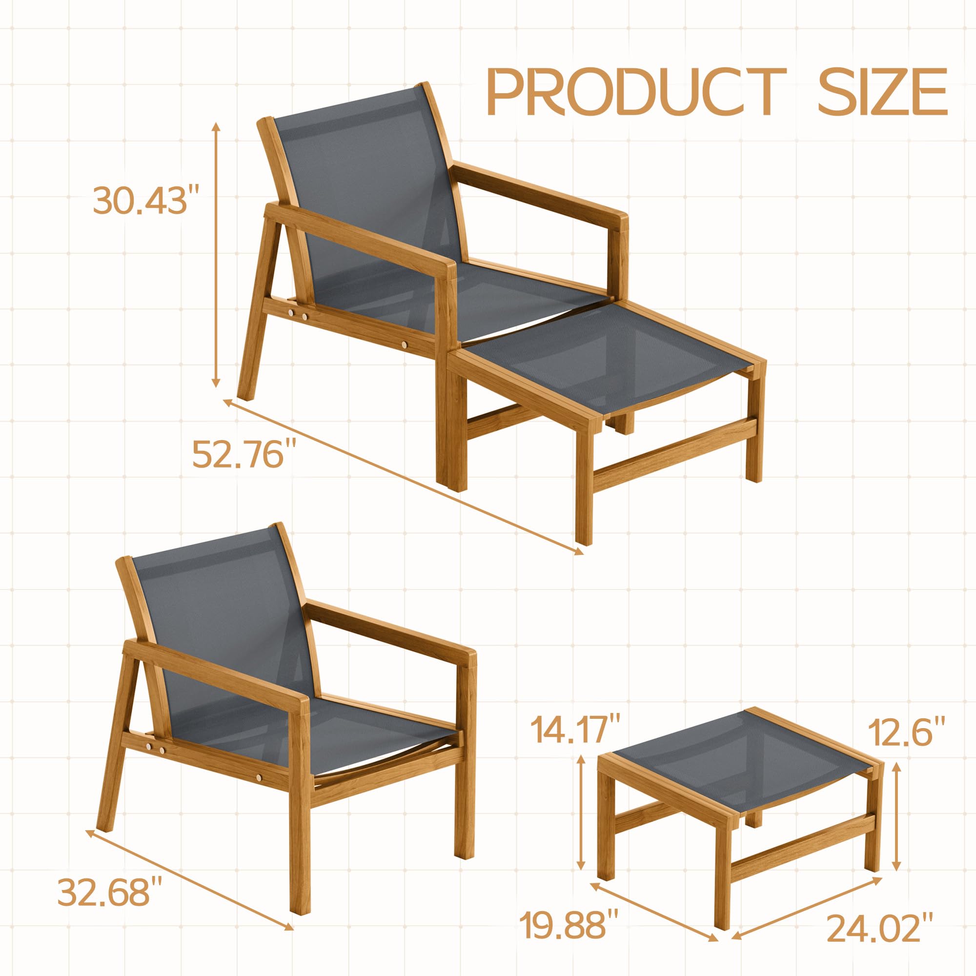 Devoko Patio Furniture Set 4 Piece Outdoor Conversation Set Acacia Wood and Textile Chairs with Footstool for Patio, Lawn, Garden, Poolside