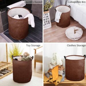 Laundry Basket Vintage Brown Leather Texture,Waterproof Collapsible Clothes Hamper Farmhouse Style,Large Storage Bag for Bedroom Bathroom