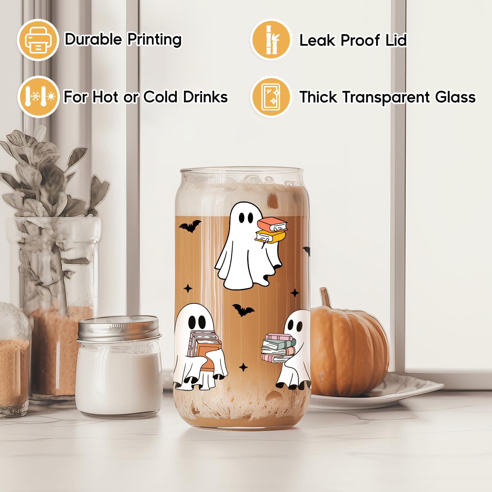 Fairy's Gift Ghost Reader Halloween Cup, Cute Halloween Spooky Gifts for Book Lovers, 16 oz Iced Coffee Cup with Lid Straw, Book Themed, Bookworm, Bookish Gifts for Women Book Lover Librarian