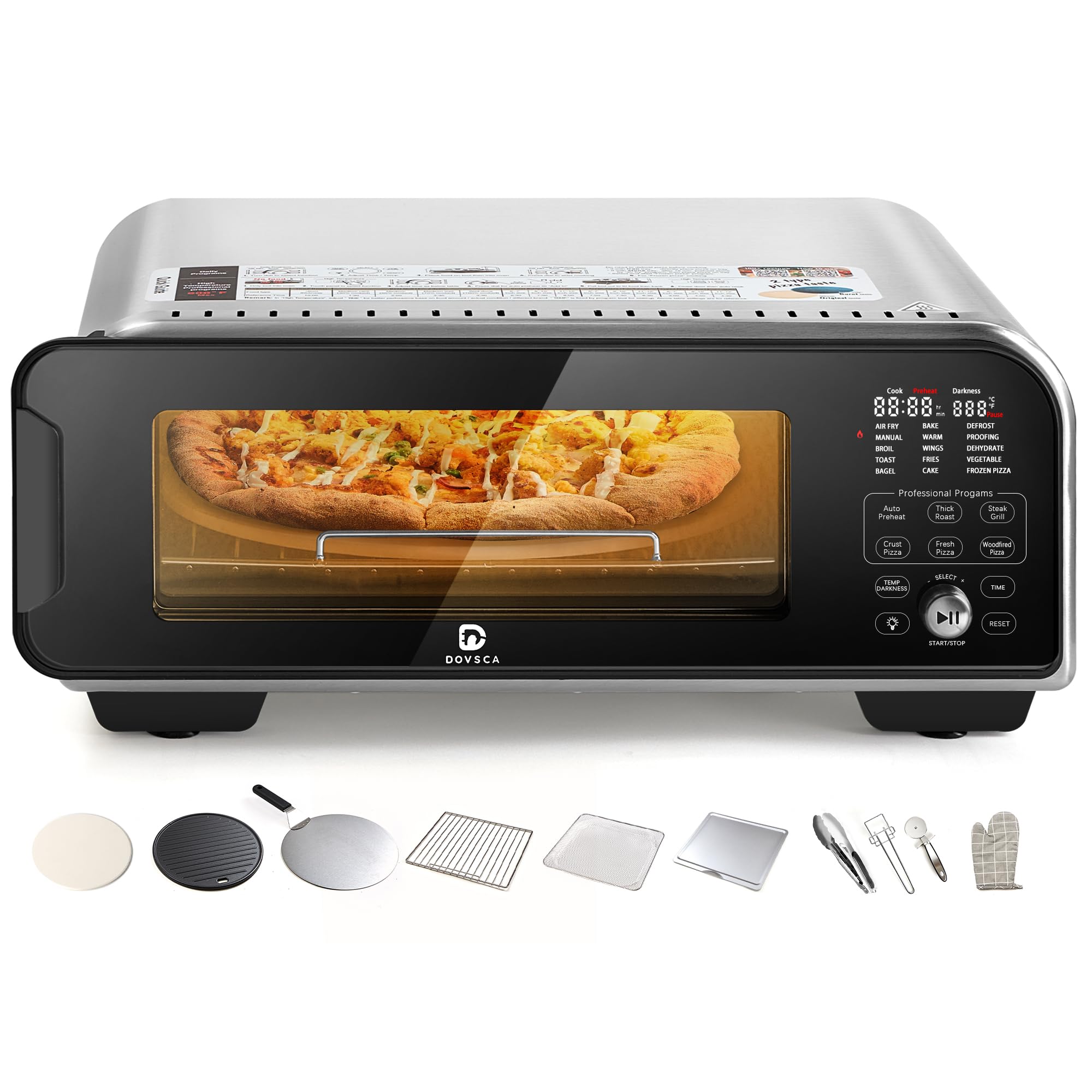 DOVSCA Pizza Oven Indoor Electric Pizza Oven Countertop with 104-800°F by NTC Countertop Pizza Oven 15 Functions Pizza Oven Brushed Stainless Steel with 10 Accessories for Multi-functions