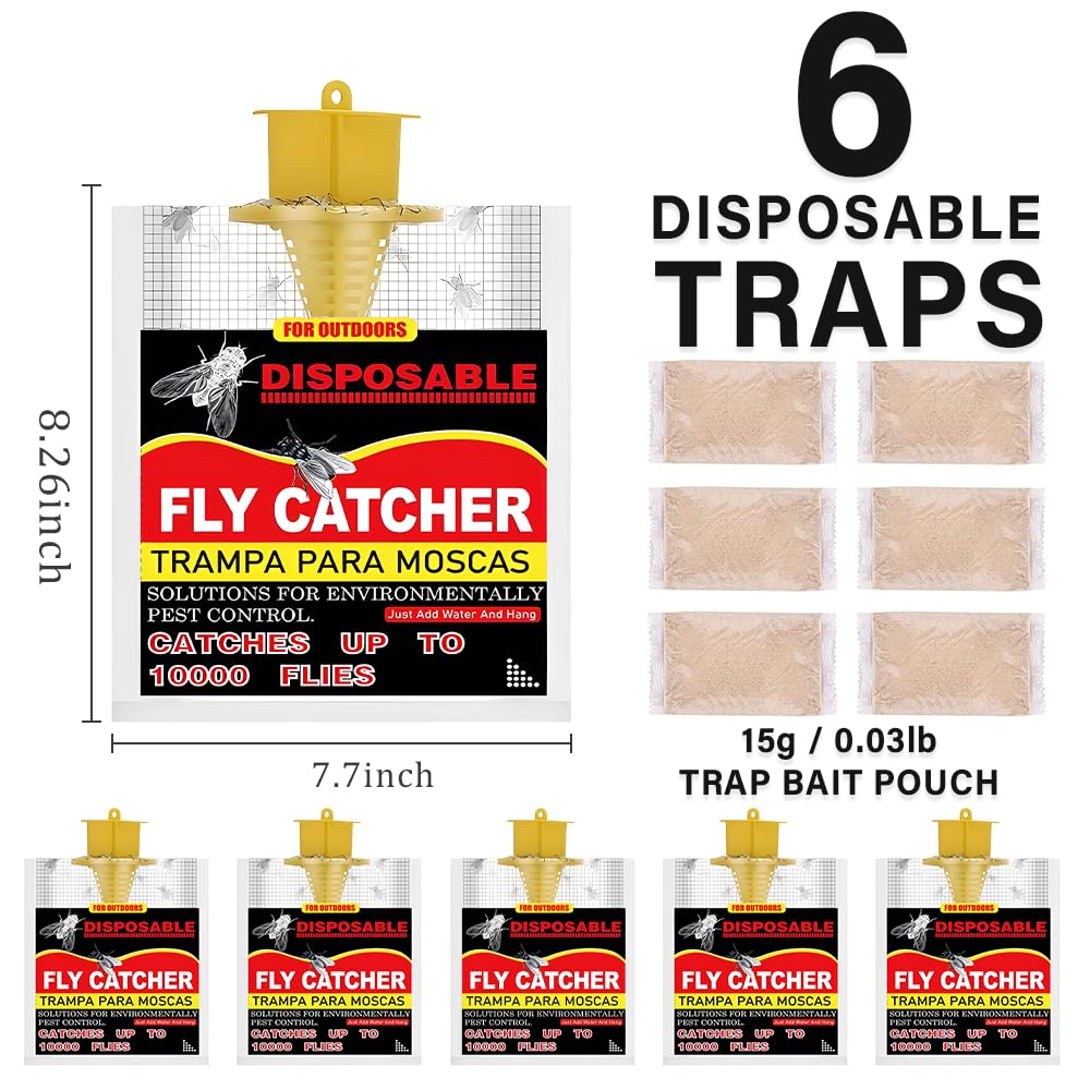 Hescaz Pack of 6 Fly Bags Outdoor Disposable, Fly Traps Outdoor, Includes 6 Baits, Fly Catcher Outdoor for Butcher's Stall, Orchards, Barns, Ranch, Farm, Patio, Camping