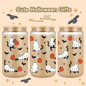 Fairy's Gift Halloween Ghost Cat Iced Coffee Cup, Halloween Cat Pumpkin Glass Tumbler, 16 oz Halloween Glass Cup with Lid Straw, Boo Basket Stuffers, Spooky Halloween Gifts for Cat Lover, Women Teen