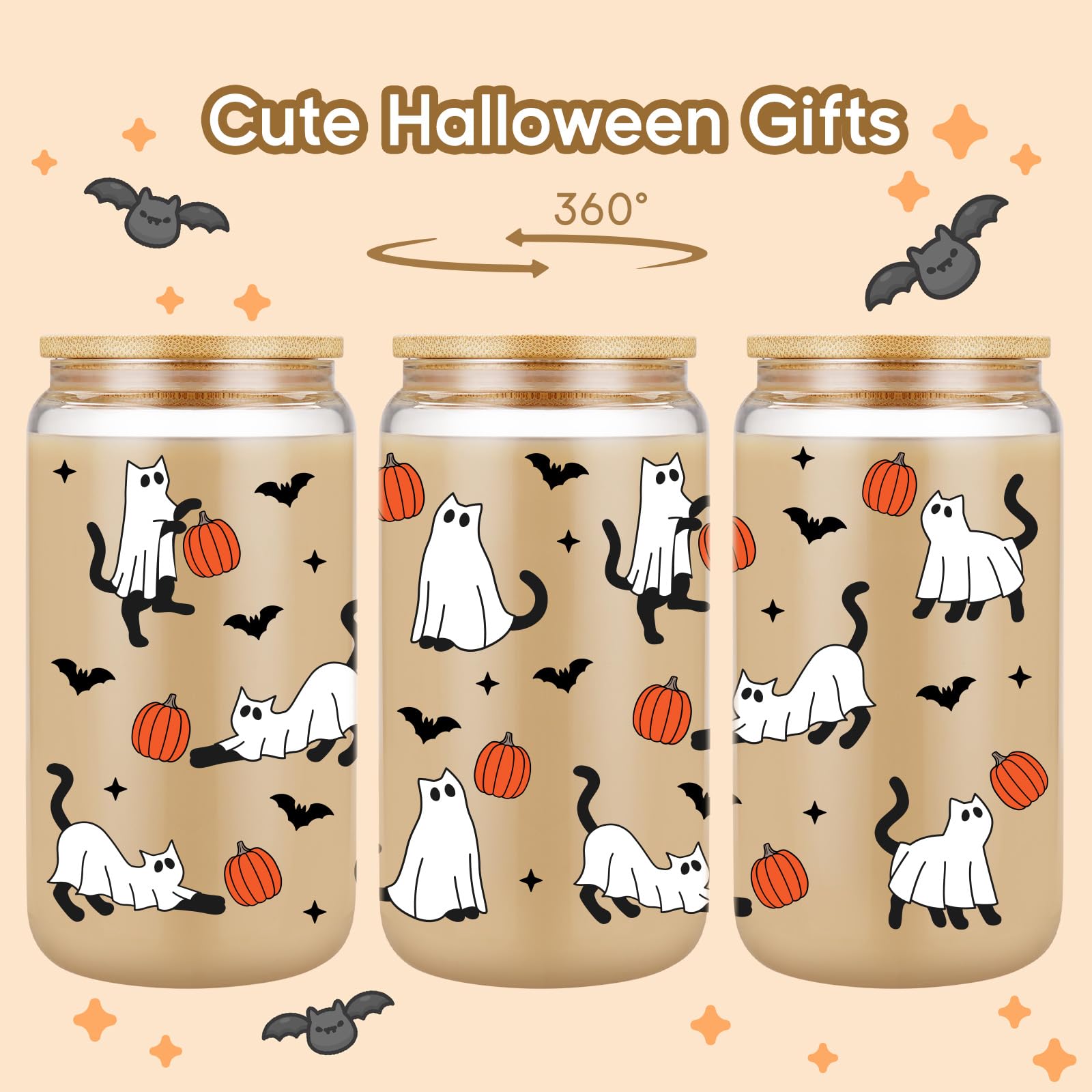 Fairy's Gift Halloween Ghost Cat Iced Coffee Cup, Halloween Cat Pumpkin Glass Tumbler, 16 oz Halloween Glass Cup with Lid Straw, Boo Basket Stuffers, Spooky Halloween Gifts for Cat Lover, Women Teen