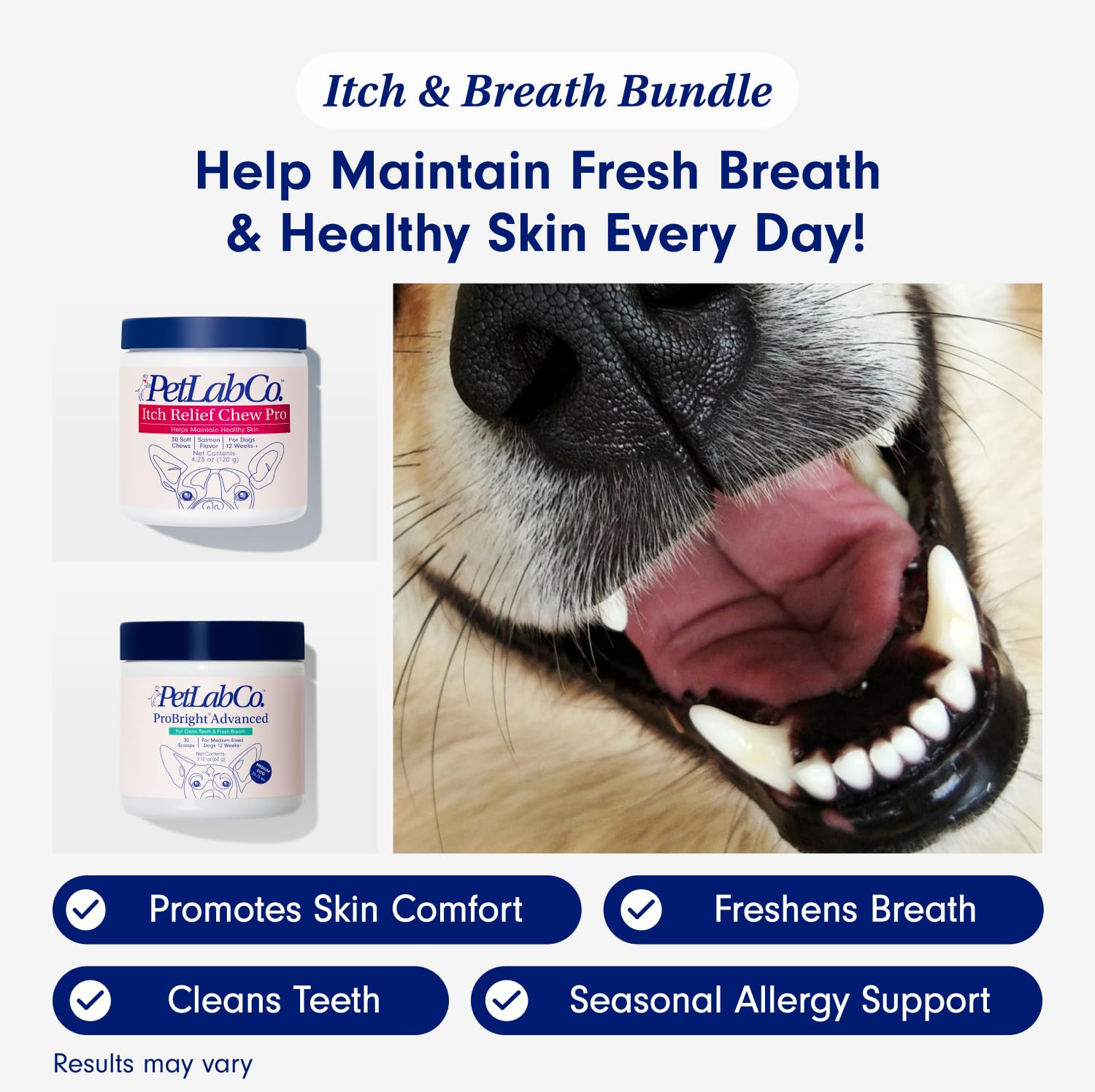 PetLab Co. – Itch & Breath Bundle: Dental Powder for Fresh Breath in just 1 Scoop. for Medium Dogs & Salmon Itch Relief Chew Pro Effortless Seasonal Allergy Support