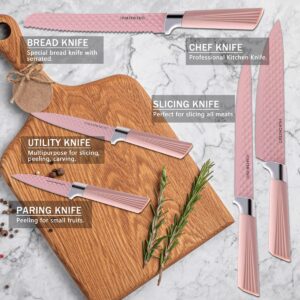 KoudHug Kitchen Knife Set, 9 pieces Pink Knife Set with Acrylic Block Cutting Board & Sharpener, High Carbon Stainless Steel Chef Knife Block Set for Cutting Slicing Dicing Chopping, Nonstick Coating