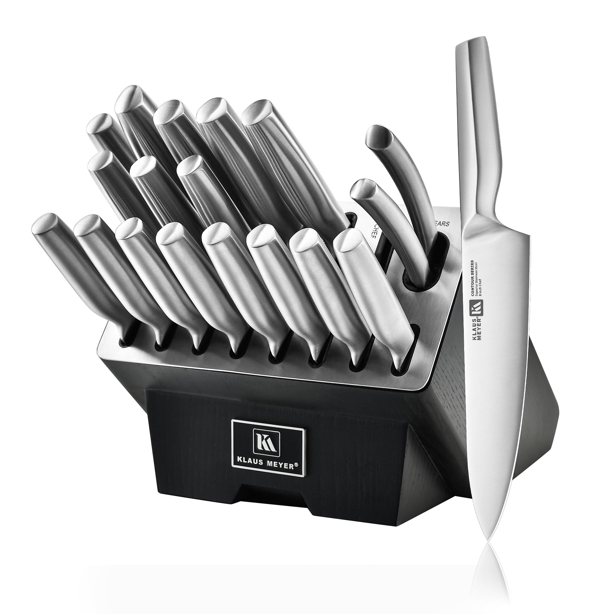 Klaus Meyer 19 Piece Contour High Carbon Stainless Steel Kitchen Knife Set with Knife Sharpener Non-Slip Handles Knife Set with Block