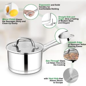 TeamFar 2 qt Saucepan with Lid, Stainless Steel Small Sauce Milk Pan with Tri-ply Bottom for Induction/Gas/Electric/Ceramic, Healthy & Heavy Duty, Mirror Finish & Straight Side, Dishwasher Safe