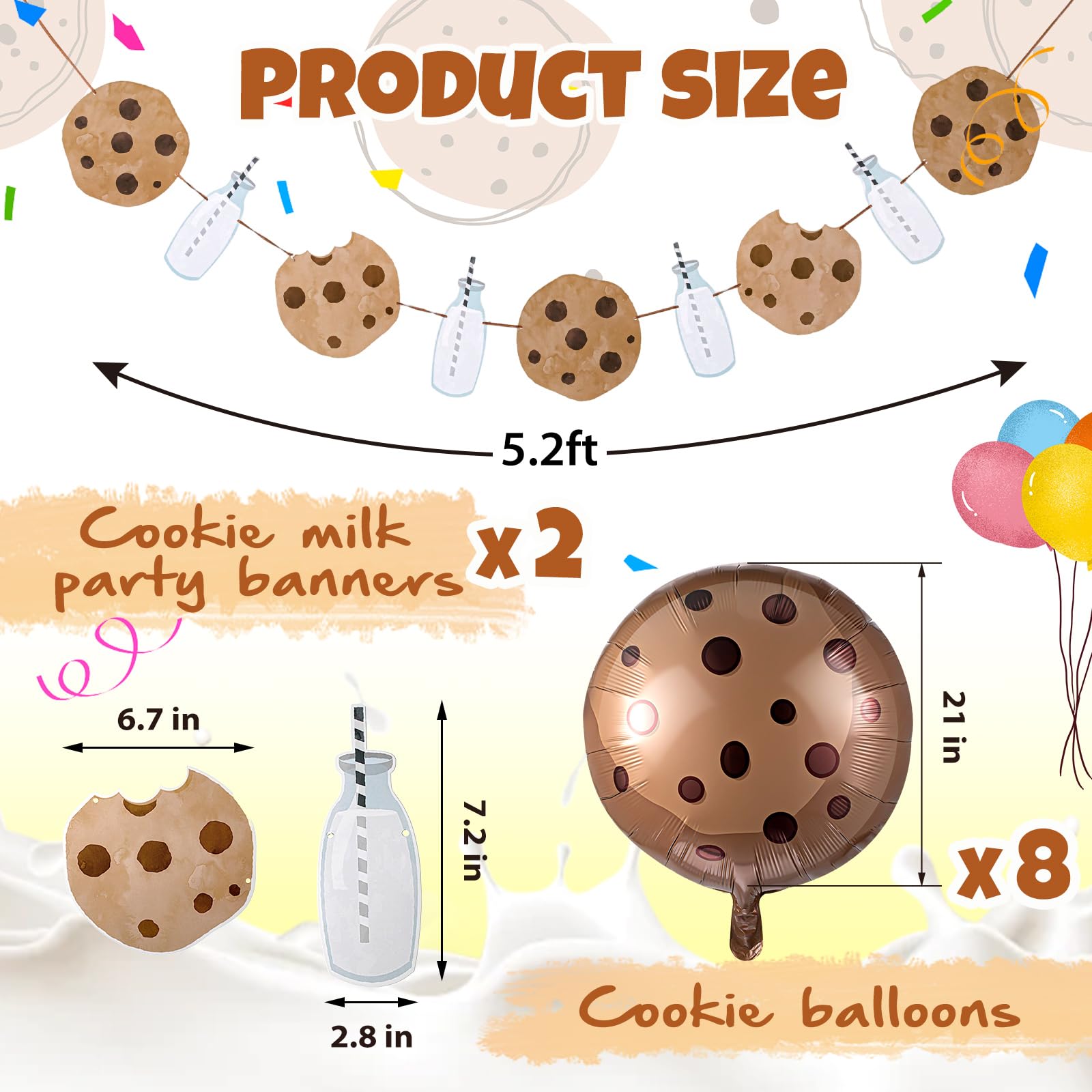 JellyArch 10 Pcs Cookies and Milk Party Decorations Include 8 Pcs 21 Inch Chocolate Chip Cookie Balloons and 2 Pcs Cookies Milk Birthday Party Garland for Cookie Birthday Decorations Baby Shower