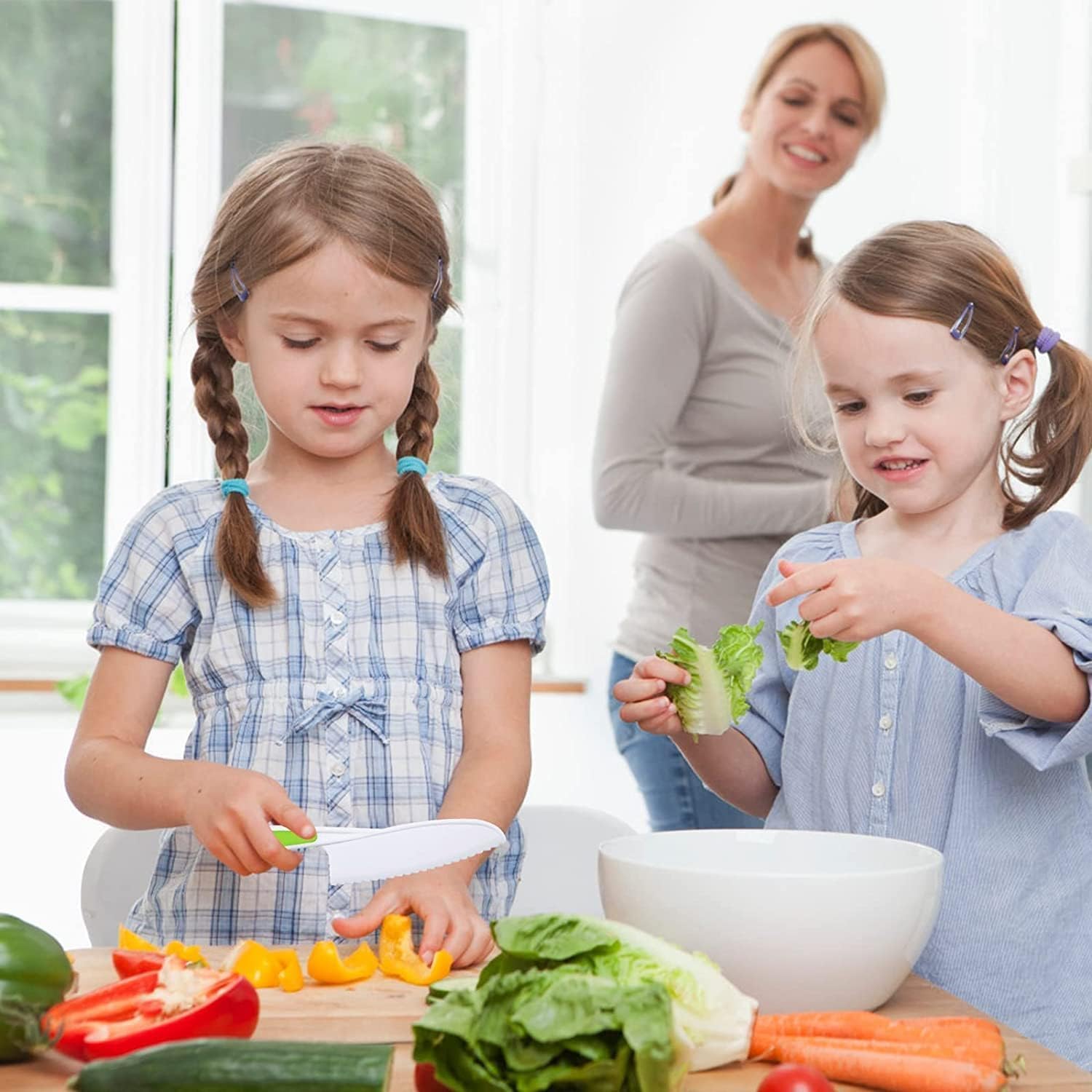 Leking 8 Pcs Wooden Kitchen Knife Set for Kids - Includes Safe Knives, Serrated Plastic Knives, Potato Slicers, Sandwich Cutter, Peeler and Cutting Board