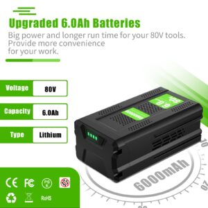 Bonacell 6.0Ah 80V Replacement for Greenworks 80V Battery Compatible for Greenworks 80 Volt Battery GBA80200 GBA80250 GBA80300 GBA80400 GBA80500 Max Cordless Power Tools