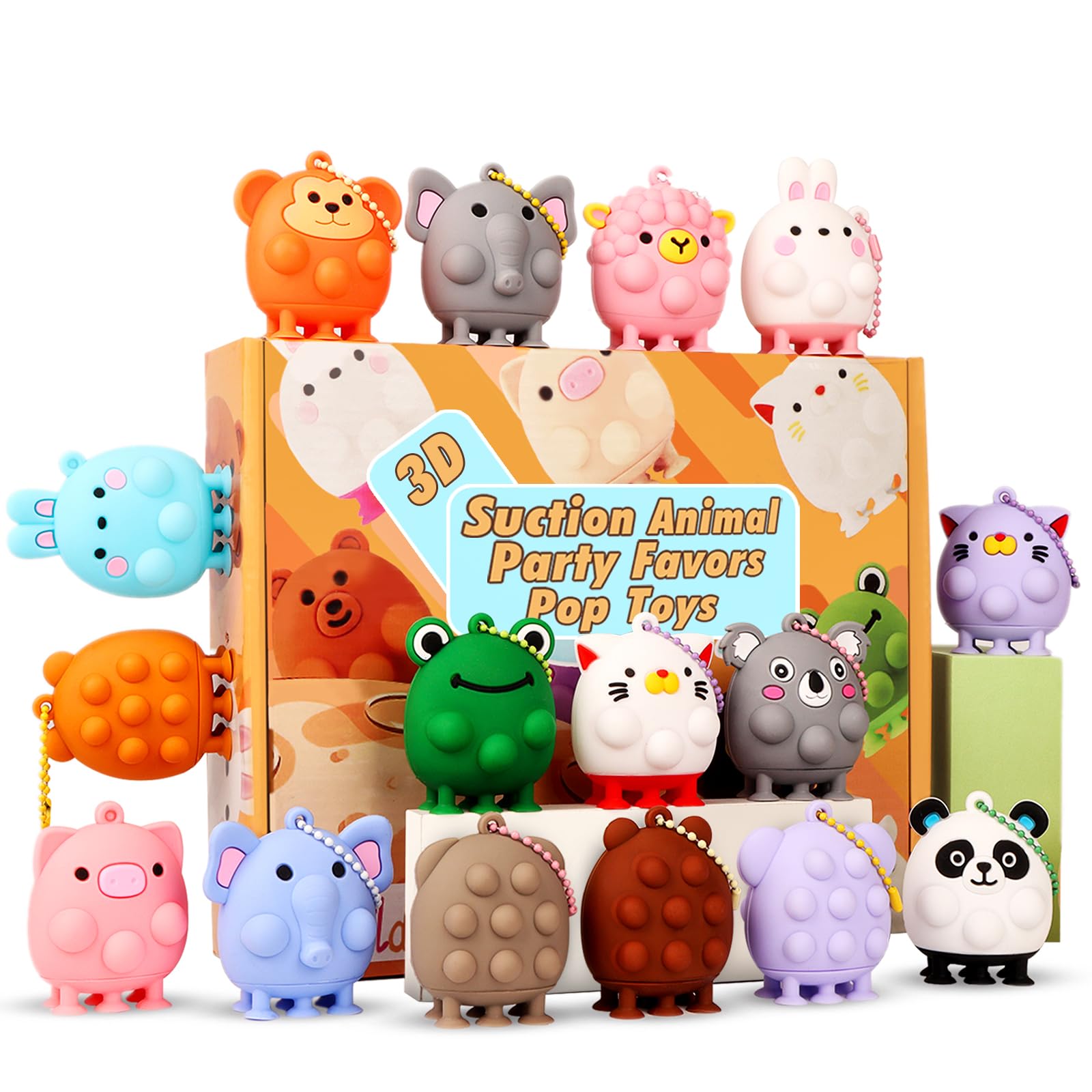 ChildFun 12 PCS Party Favors for Kids,3D Animal Pop Toys,Goodie Bags Stuffers for Kids,Pinata Stuffers Carnival Prizes,Fidget Toys Bulk,Prize Treasure Box Toys for Classroom,Suction Toys for Toddlers