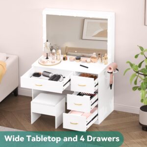 YITAHOME Vanity Desk Set with Large Lighted Mirror & Power Outlet, 3 Color Lighting Modes, Makeup Vanity Table with 4 Drawers, Storage Bench, Bedroom, White