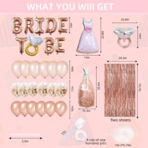 Bachelorette Party Decorations,Pink Rose Gold Decor, Bridal Shower Party Supplies with Bride To Be Words,Rose Gold Diamond Ring,Wedding Dress,Giant Bottle Balloons and Foil Fringe Curtain