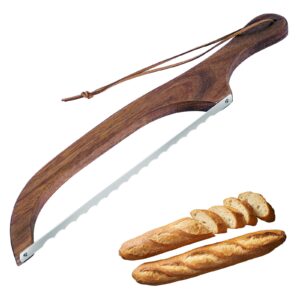 funfdwu bow bread knife, 16" wooden handle bread cutter with leather hanging strap serrated bread saw knife for homemade bread sourdough, right handed bread bowl knife with cover & linen storage bag