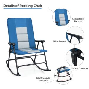 KOTEK Outdoor Rocking Chair, Folding Lawn Chair with Armrests & Padded High Backrest, Rocker Camping Chair for Patio Front Porch Backyard Garden Beach Travel, Supports 350 lbs (1, Blue)