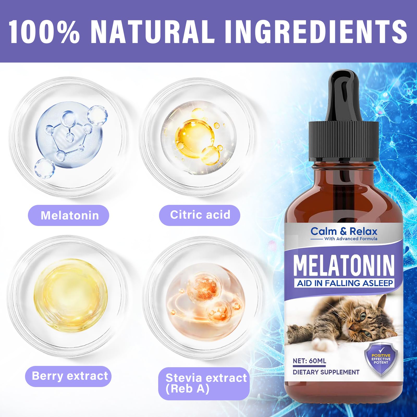 Atrilly Cat Melatonin, Melatonin for Cats, Natural Cat Calming Drops, Anxiety & Stress Relief, Promote Relaxation & Deep Sleep for Cat & Dog, 60ml, Purple