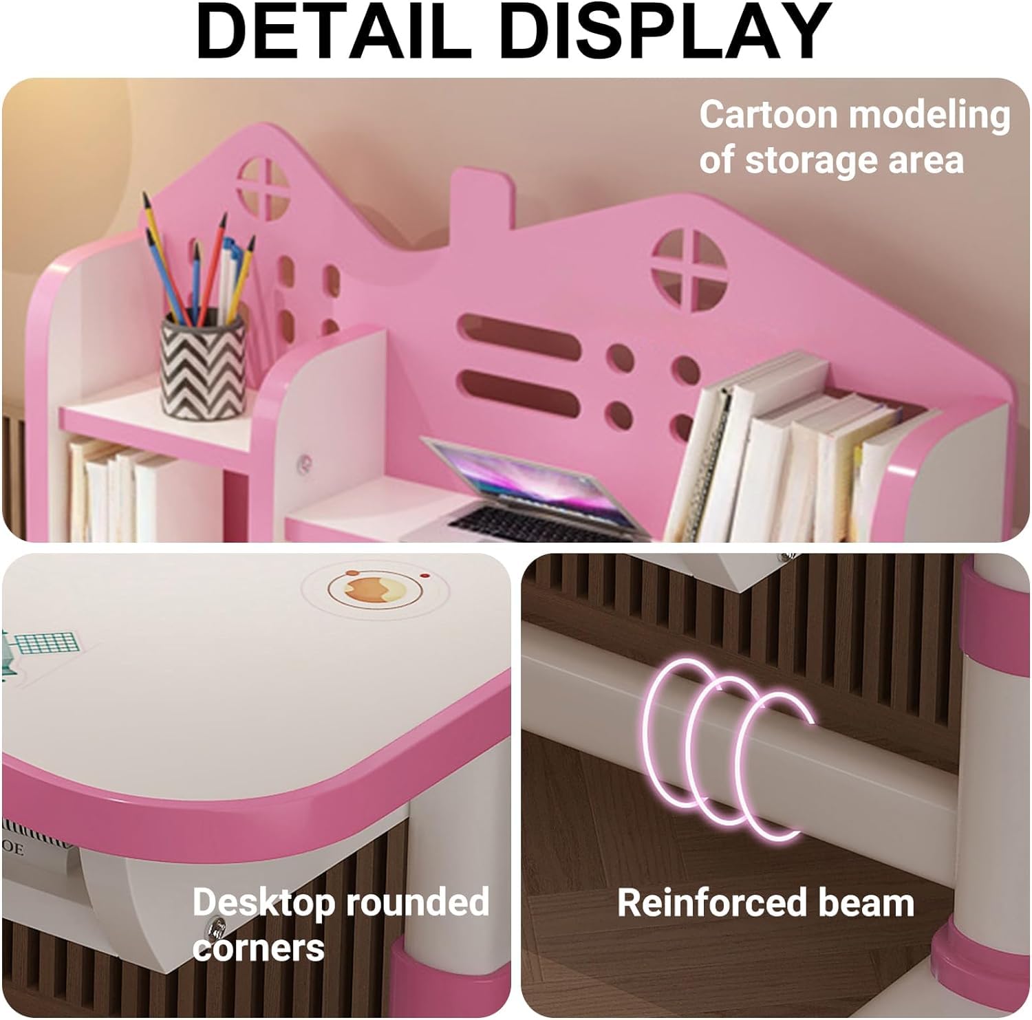 Children Adjustable Desk and Chair Set, Study Table for Kids, Pink Home School Writing Kids Desk and Chair Set with Drawers and Storage Compartments, Reading/Learning/Writing for Girls Pink (Pink)