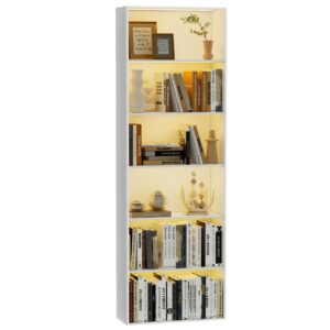 homhedy 6 tier bookcase with led lights, 71" h tall open bookshelf, wooden display storage shelves for home office, living room, bed room,size:23.6" w x 71.2" h x 9.4" d, white