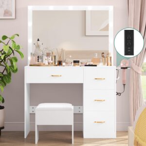 yitahome vanity desk set with large lighted mirror & power outlet, 3 color lighting modes, makeup vanity table with 4 drawers, storage bench, bedroom, white