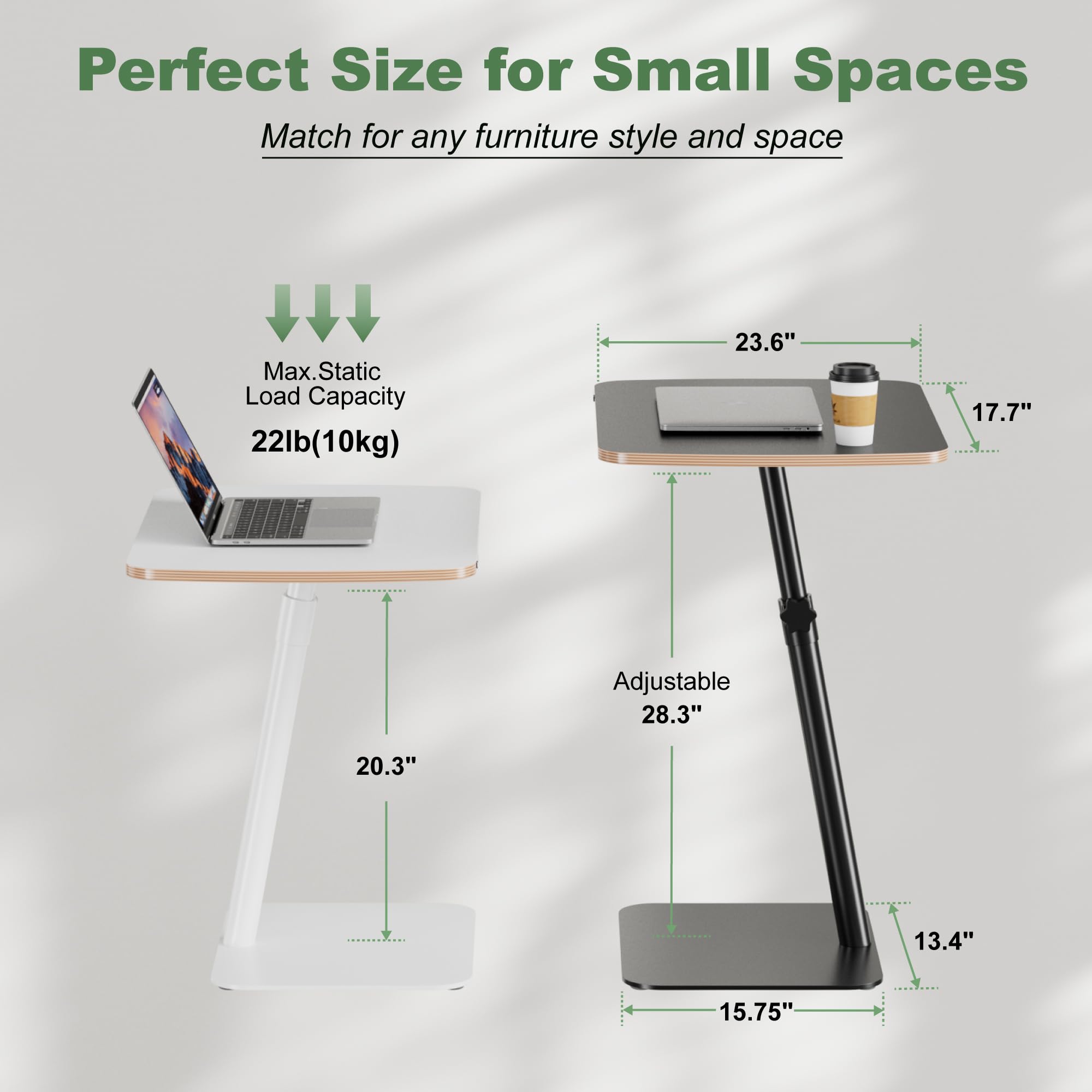 Height Adjustable End Table - Small Couch Side Table for Small Spaces Modern C Shaped bedside End Table That Slide Under, Black Wood Laptop TV Tray Table with Metal Base, Living Room Bathroom Home Use