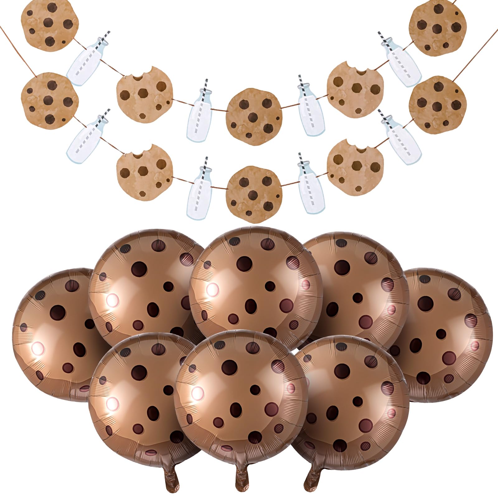 JellyArch 10 Pcs Cookies and Milk Party Decorations Include 8 Pcs 21 Inch Chocolate Chip Cookie Balloons and 2 Pcs Cookies Milk Birthday Party Garland for Cookie Birthday Decorations Baby Shower