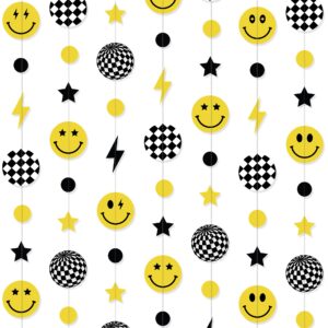 one happy dude paper garland for 1st birthday decorations boy - pre-strung smiley face string banner with checkered, perfect hanging streamer backdrop idea for cool dude birthday party (44ft)