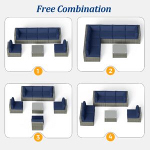 May in Color 7-Piece Modular Outdoor Sectional Wicker Patio Furniture Set with Coffee Table for Porch Balcony Backyard, Dark Blue