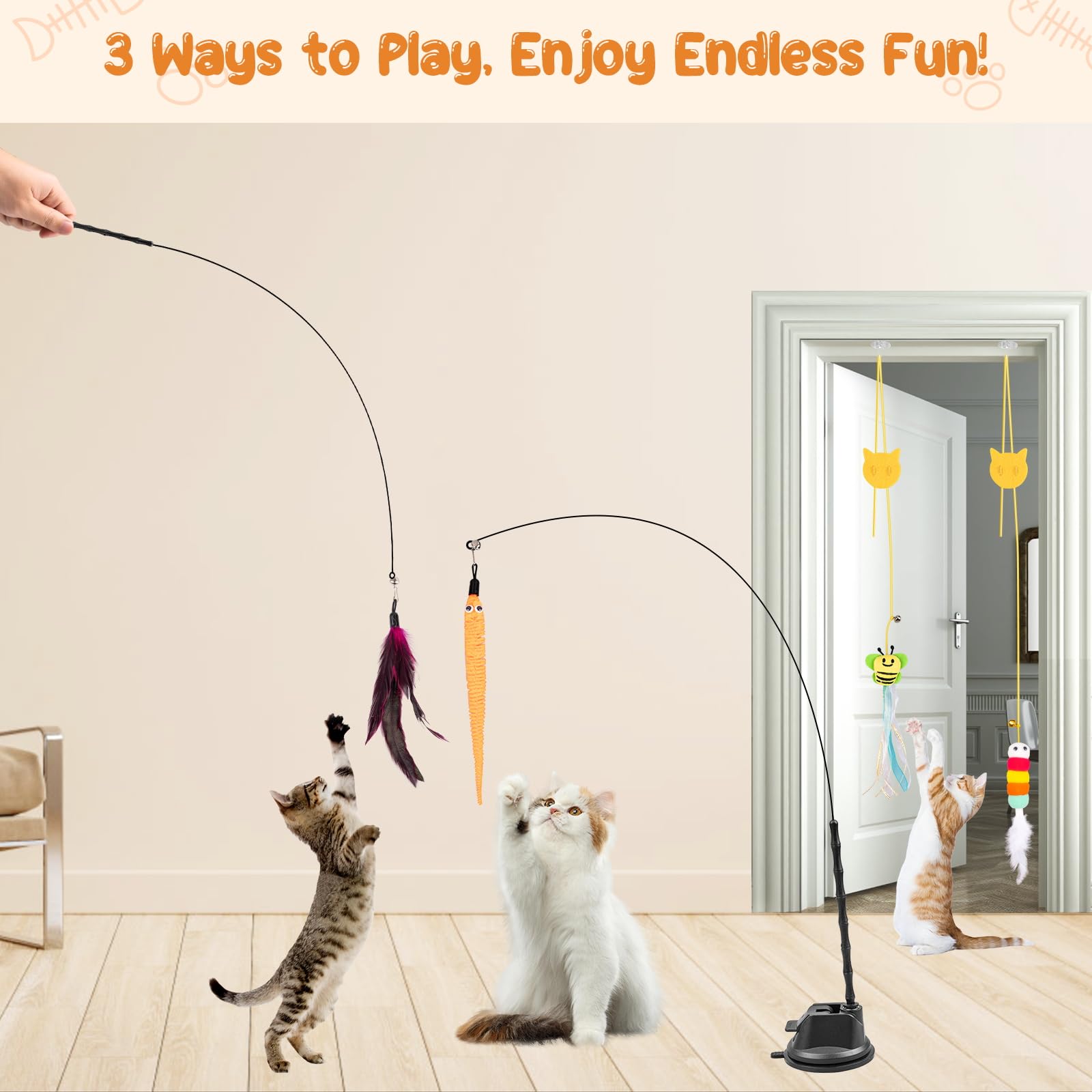 Depets Cat Wand Toy, 15 Pcs Interactive Cat Feather Toys, Cat Teaser Toy for Indoor Cats Self Play, 2 Play Modes Cat Toys Wand, Reusable Suction Cup Cat Toys for Indoor Cats Kittens Play Exercise