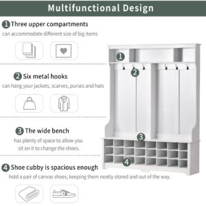 Acosure Modern Style Multiple Functions Hallway Coat Rack with 6 Metal Hooks,Entryway Bench Wide Hall Tree W/Ample Storage Space & 24 Shoe Cubbies,for Apartment Living Room,White,60"