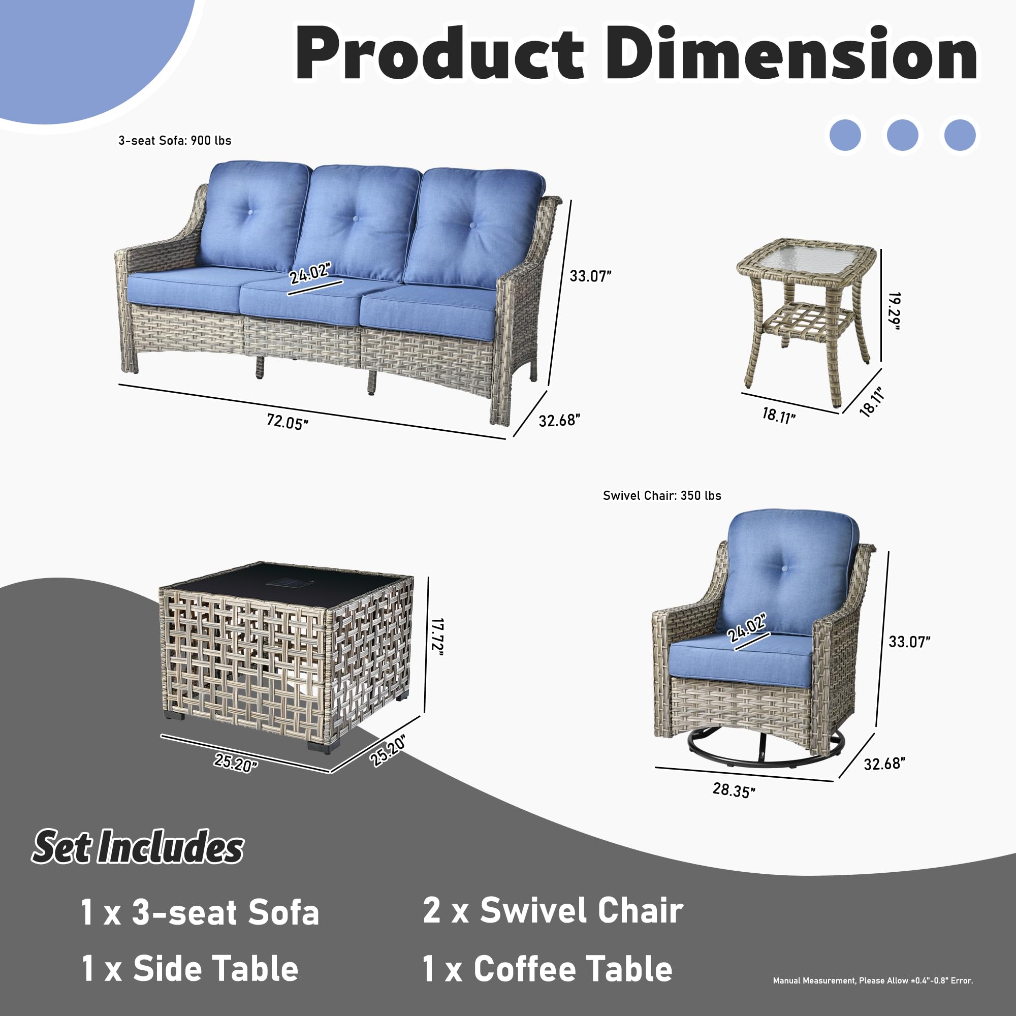 ovios 5 Piece Outdoor Patio Furniture with 3 Seat Sofa,Rattan Wicker Coversation Set with Swivel Rocking Chair,Balcony Sofa Set with Shiny Table for Outside Porch Backyard Pool,Blue