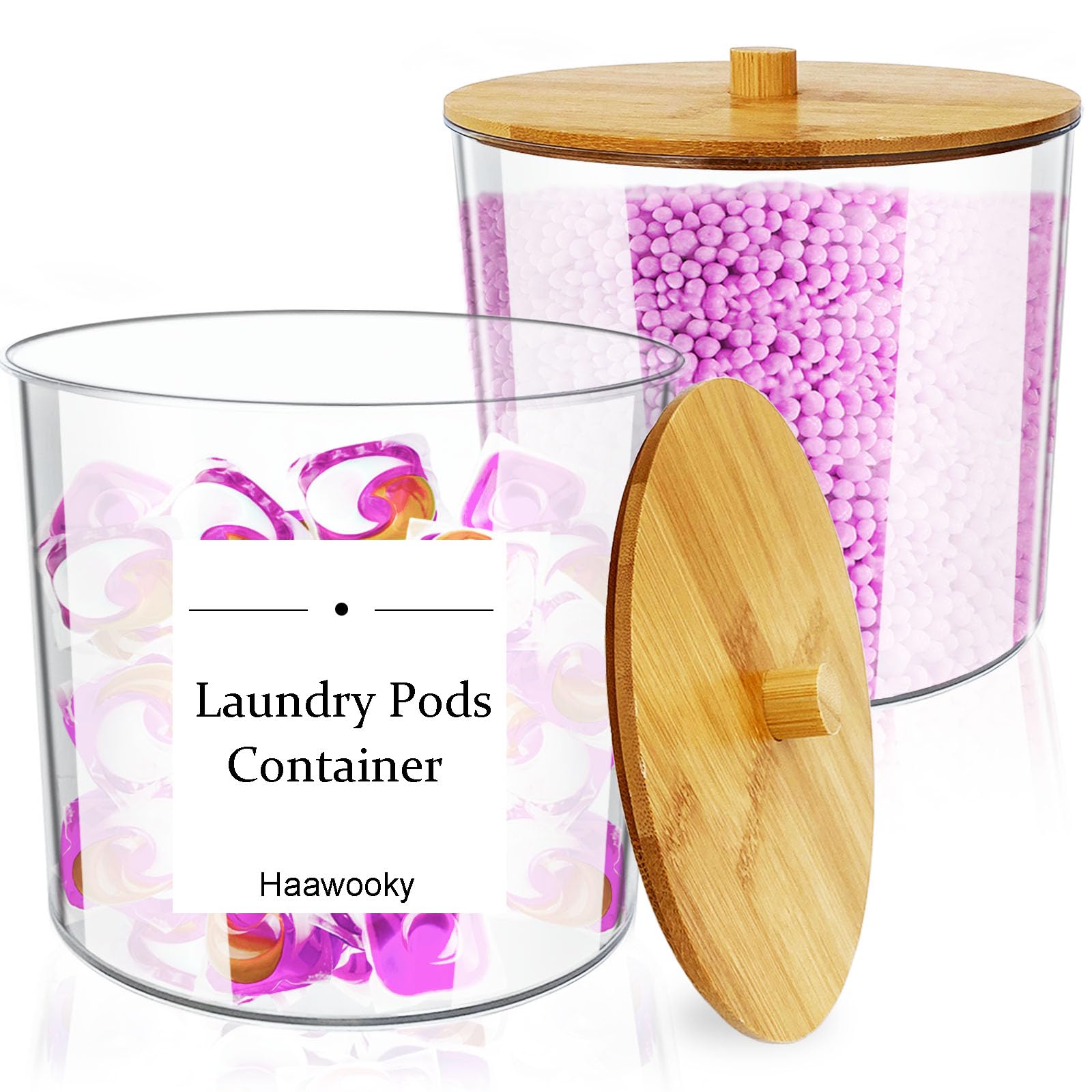 Haawooky 2 Pack Laundry Pods Container,93 oz Large Acrylic Laundry Storage Jars with Bamboo Lids,Detergent Holder for Bath Bombs,Dryer Balls,Scent Boosters,Laundry Room Organization