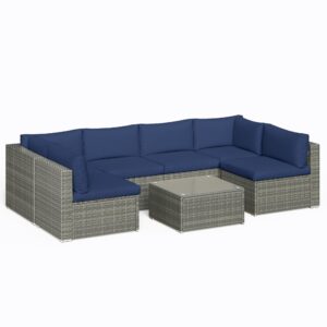 May in Color 7-Piece Modular Outdoor Sectional Wicker Patio Furniture Set with Coffee Table for Porch Balcony Backyard, Dark Blue